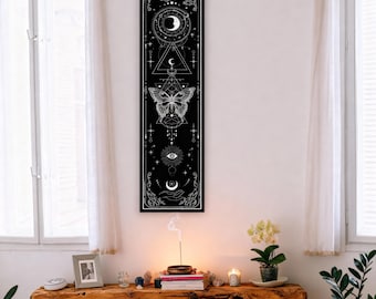 Arazzo gotico con sole e stregoneria - Arazzo verticale con luna in bianco e nero per soggiorno