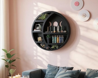 Mensola da parete in legno con luna mistica per cristalli - Piccola mensola gotica da appendere per piante, decorazione artistica per la stanza per amanti dello stile stregonesco