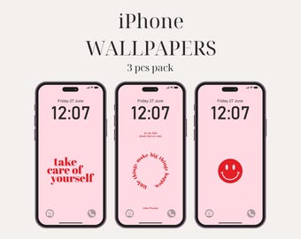 Pink Quote iPhone Wallpaper, Indie Aesthetic Wallpaper, Blue Smiley iPhone Wallpaper, iPhone Aesthetic Wallpaper (DIGITAL DOWNLOAD) 3 PCS