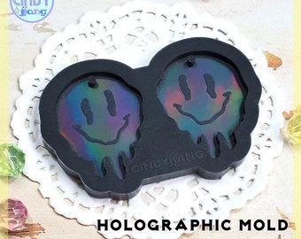 Holographic • Etched Mold • Cute Melting Face - Earrings, Pendants, Charms Mold | HOLO Platinum Silicone Mold for Epoxy, UV Resin Craft