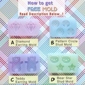 K&ouml;nnte beinhalten: Vier Silikonformen zum Herstellen von Schmuck. Die Formen sind mit A, B, C und D gekennzeichnet. Form A ist eine Diamant-Ohrringform. Form B ist eine Musterkreis-Ohrsteckerform. Form C ist eine Teddyb&auml;r-Ohrringform. Form D ist eine B&auml;r-Stern-Ohrsteckerform.