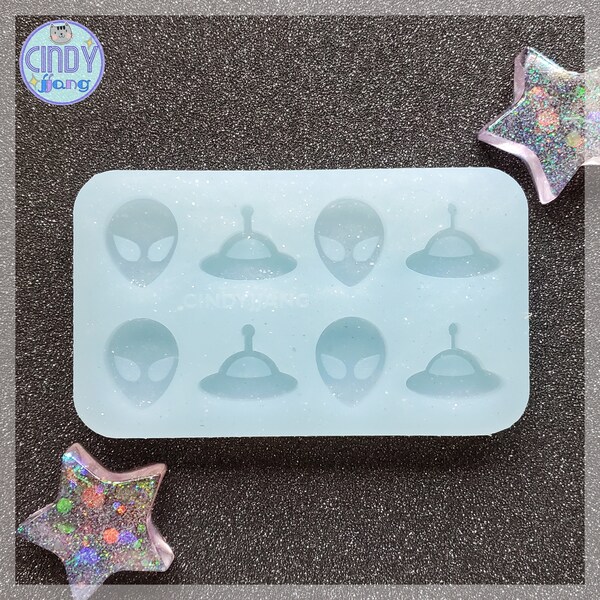 STUD - Alien & UFO Stud Earrings / Bits / Cabochon Mold | Shiny Silicone Flat Mold for Epoxy, UV Resin, Clay, Wax, Candy, Jello, Food making