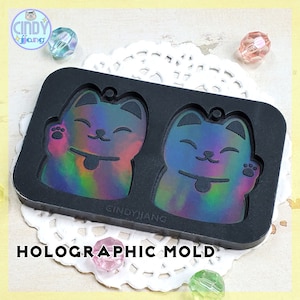 Holographic • Etched Mold • Maneki Neko / Lucky Cat  - Earring, Pendant Mold | Platinum Silicone HOLO Mold for Epoxy, UV Resin Craft