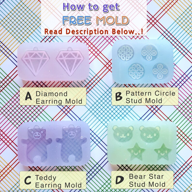 May include: Four silicone molds for making jewelry. The molds are labeled A, B, C, and D. Mold A is a diamond earring mold. Mold B is a pattern circle stud mold. Mold C is a teddy bear earring mold. Mold D is a bear star stud mold.