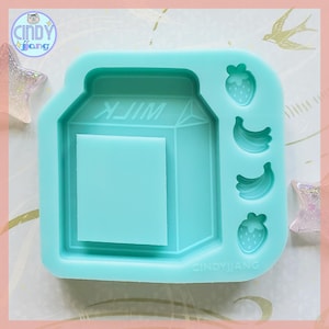 Molde para batidora de cartón de leche con trocitos de fresa y plátano / Lindo molde de resina kawaii para manualidades con resina epoxi y UV / Mini molde de silicona para caja de bebidas