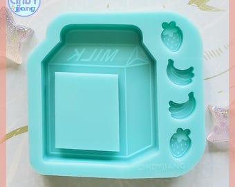 Milk Carton Shaker with Strawberry & Banana Bits Mold | Cute Kawaii Resin Mold for Epoxy, UV Resin Crafts | Mini Drink Box Silicone Mold
