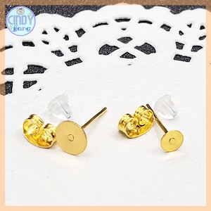 Gold Color Flat Post - Hypoallergenic Earring Pad Stainless Steel Stud Findings with Backs - 4mm / 6mm - for Jewelry Making (10pcs / 20pcs)