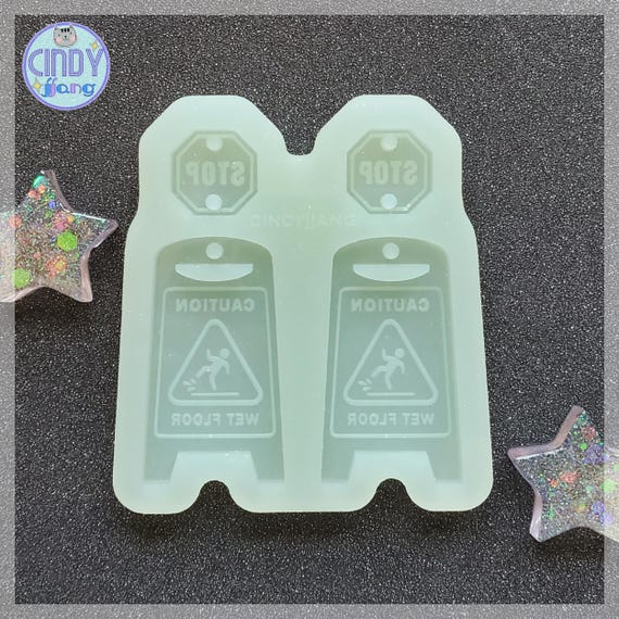 Wet Floor with Stop Sign - Dangly Jewelry Earrings Mold | Cute Funny Mold | Shiny Silicone Mold for Resin Craft | For Epoxy, UV Resin