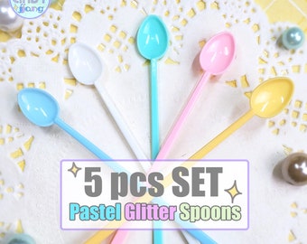 Pastel Resin Craft Glitter Spoon Set - Set of 5 || Long Handle Plastic Spoons || For General Arts and Crafts