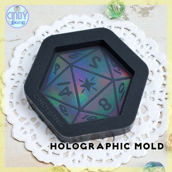 Holographic • Etched Mold • D20 Flat Dice - Keychain, Badge Reel, Phone Grip Mold | HOLO Platinum Silicone Mold for Epoxy, UV Resin Craft
