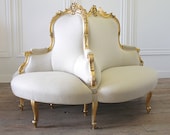 Antique Louis XV Style Giltwood Tete a Tete Settee Upholstered in Natural Linen