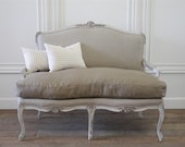Antique painted french Louis XV carved settee in organic irish linen
