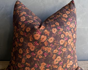 Brown Floral Linen Pillow with Brass Zipper and Down Feather Insert