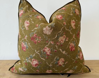 French Linen Floral Pillow with Down Insert Made In France