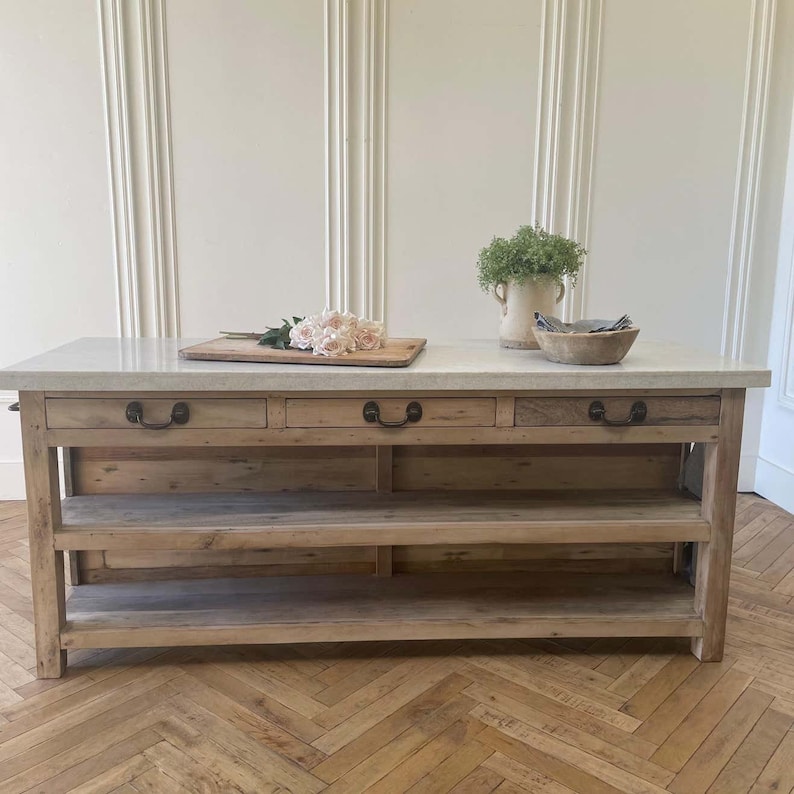 Teak Wood Kitchen Island With Gray and White Marble Top Etsy