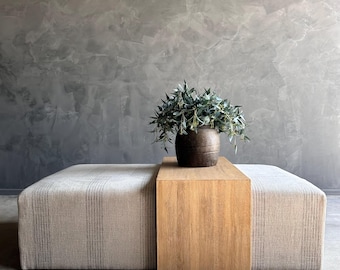 Laguna Cocktail Ottoman in Linen Stripe with White Oak Waterfall Table