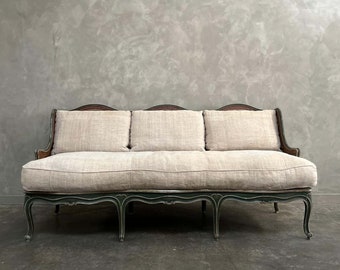 Vintage Rococo Cane Sofa Upholstered in European Hemp Linen Fabric with Down