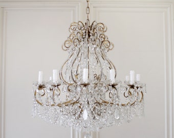 Antique Reproduction Italian Chandelier with Beaded Arms and Rock Style Crystals