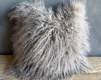 Genuine Sheep Long Hair Pillow in Taupe