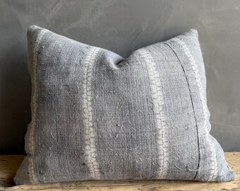 Vintage Textile One of a Kind Gray and White Lumbar Pillow with Down Insert