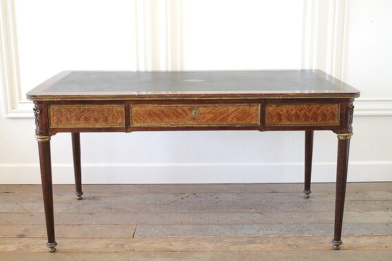 19th Century Wood Inlay Louis Xvi Style Leather Top Desk Etsy