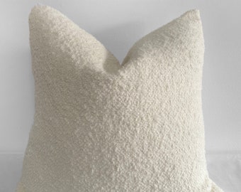 Creamy White Wool and Linen Sheep Boucle Accent Pillow with Down Insert