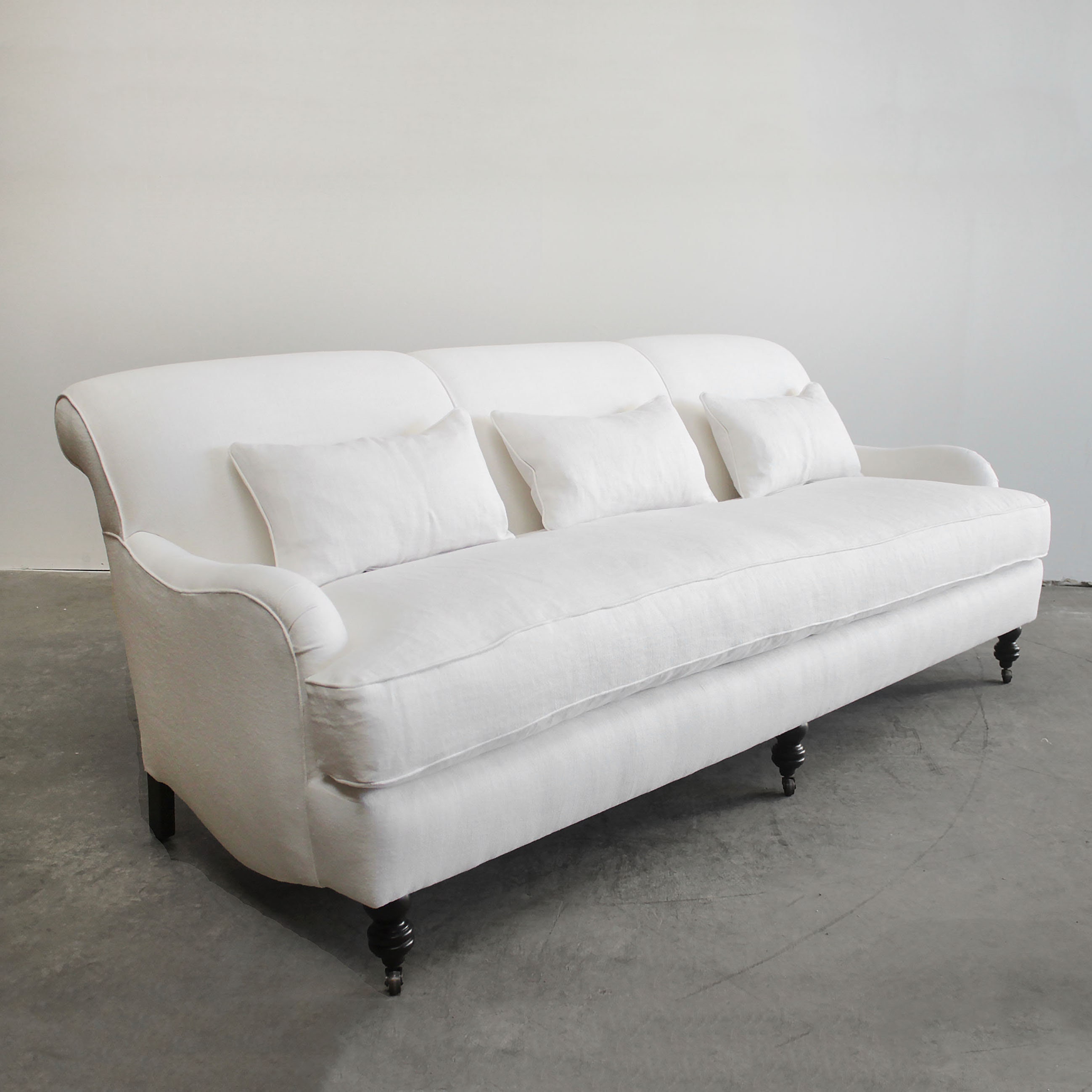 Custom Made White Linen English Arm Rolled Back Sofa With Casters