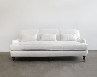 Custom Made White Linen English Arm Rolled Back Sofa with Casters