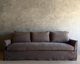 Slip Covered Olivier Cushion Sofa in Cafe Noir Brown Linen with Down Cushion
