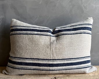 Vintage Grainsack Flax and Indigo Stripe Lumbar Pillow with Down Insert