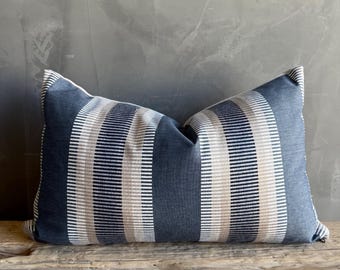 Designer Lumber Pillow in Blue Tan & White Stripe Includes Down Feather Insert