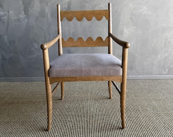 Oak Open Arm Accent Chair or Dining Chair with Belgian Linen Upholstery