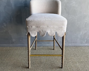 Kate Slip Covered Counter Stool -Ticking 100% Linen with Raw Brass Foot Rail