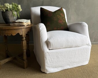 Custom Slip Covered Linen English Arm Chair Made to Order with Down Cushion