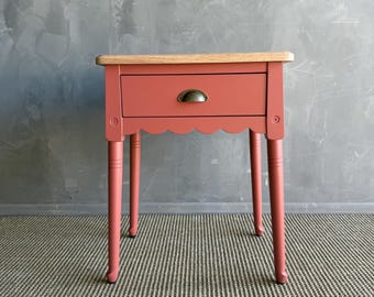Painted Night Stand or Side Table in Salmon Pink with Natural White Oak Top