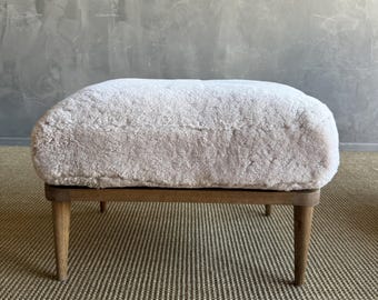 Frances Ottoman Oak Ottoman Upholstered in Genuine Sheepskin with Down Foam Core