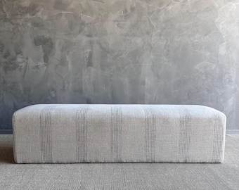 Upholstered Ottoman Bench in Stone Washed Linen with Faded Stripe