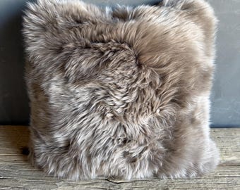 Mongolian Sheepskin Pillow with Insert in Taupe