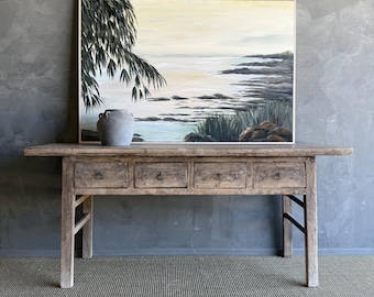 Vintage Painted Elm Wood Console Table with Drawers