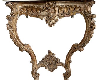 Antique Gilt Wood Carved Wall Console with Marble Top