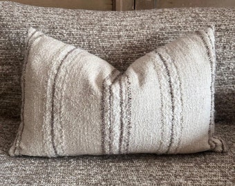 Becker Woven Linen and Wool Lumbar Stripe Pillow with Down Feather Insert