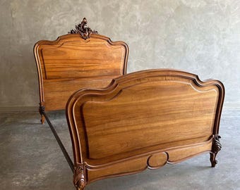 Antique Walnut Louis XV Style Full Size Bed with Metal Rails