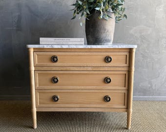 Marie Classic White Oak 3 Drawer Night Stand White Marble Top Natural Finish