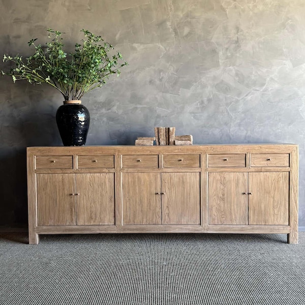 Reclaimed Elm Wood Storage Cabinet with Doors and Drawers