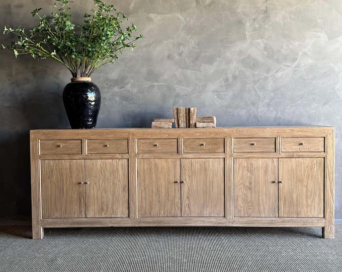 Reclaimed Elm Wood Storage Cabinet with Doors and Drawers
