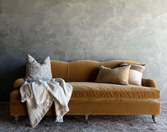 Modern English Sofa in a Caramel Mustard Faux Velvet Mohair with Down Cushion