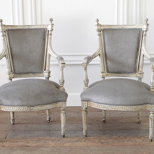 19th Century French Louis XVI Style Fauteuil Chair in Striped Linen  Upholstery