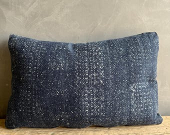 Vintage Navy African Cloth Textile Lumbar Pillow with Down Insert