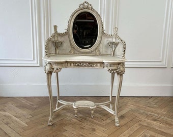 Antique French Louis XV Style Painted Vanity with Rose Carvings