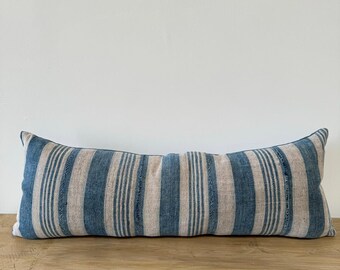 Vintage Textile Blue Stripe Batik Lumbar Pillow with Insert